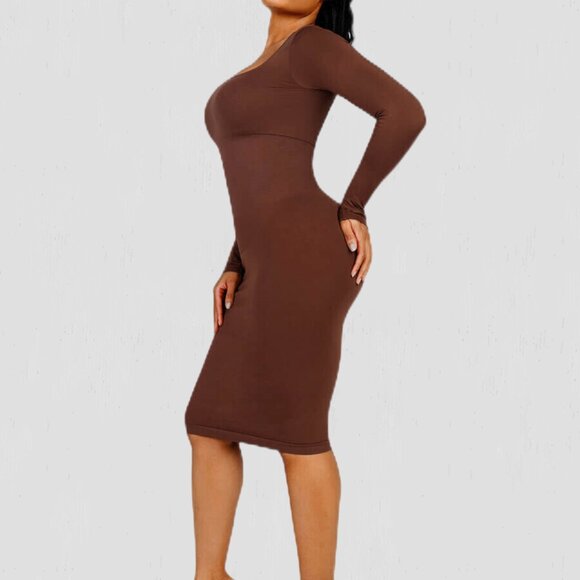 Magic Sculpt Built-In Shapewear Dress, Long Sleeve Chocolate - Picture 4 of 8